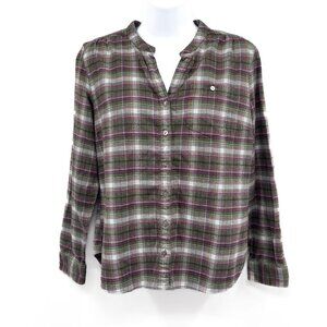 L.L. Bean Plaid Flannel Collarless Button Up Shirt Top Petite Small Long Sleeve